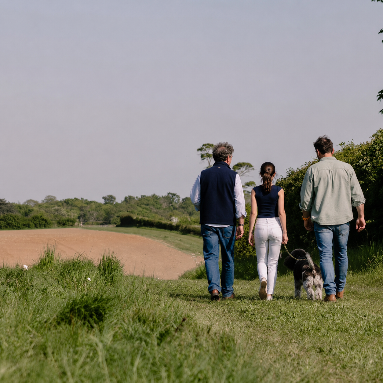 A family walking a footpath with their dogs beside the fields at Stepney Hill Farm