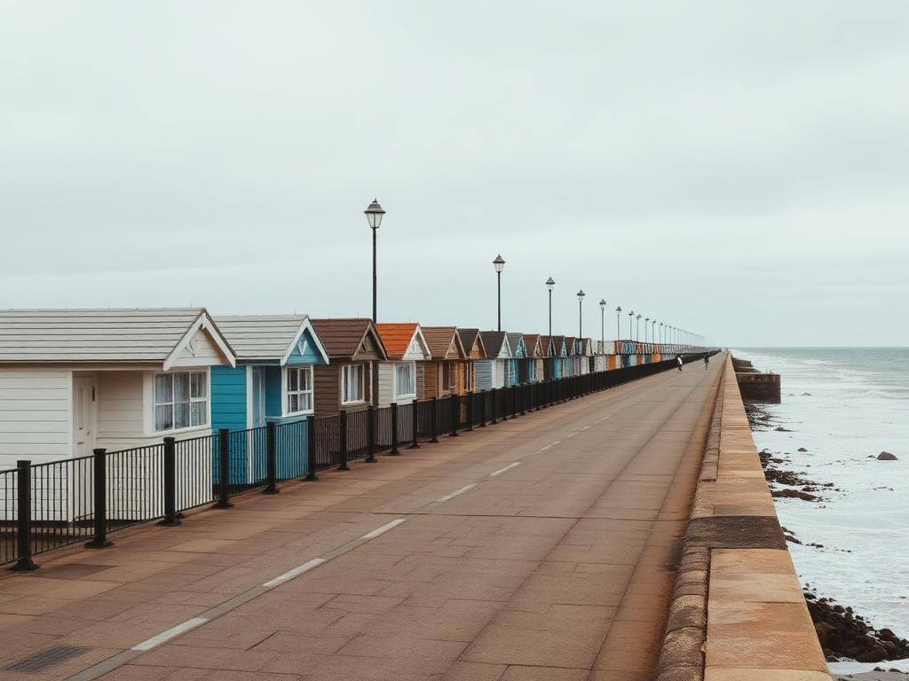 Bridlington seafront with traditional beach huts and long sandy beach