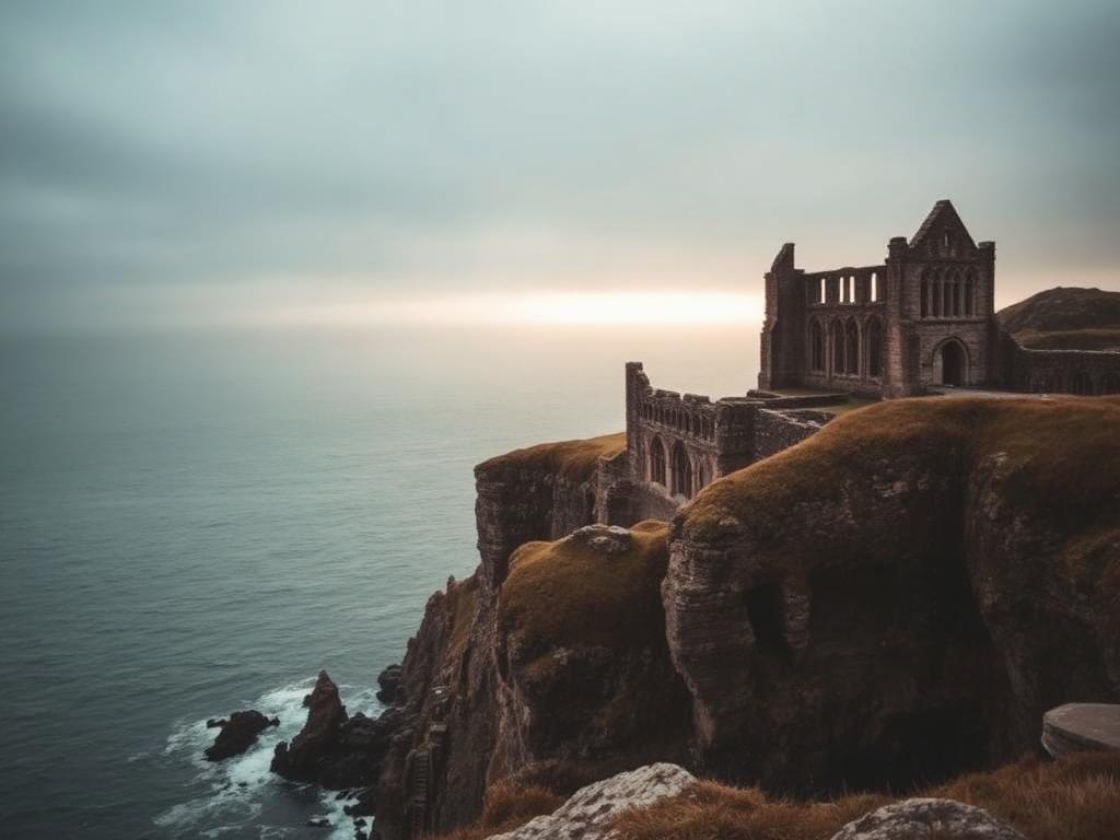 The historic harbour and cliffside abbey at Whitby in North Yorkshire