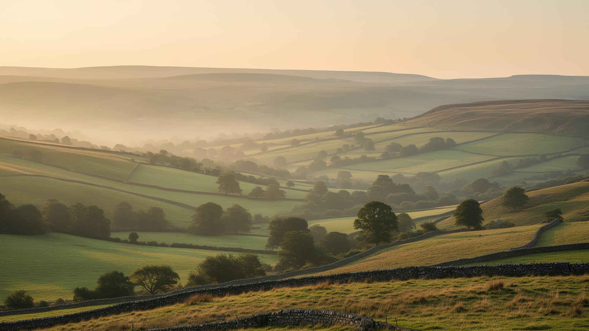 A misty Yorkshire valley at golden hour
